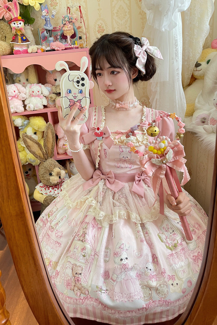 Rabbit Bear Wardrobe Print Ruffle Bowknot Sweet Lolita Dress 3 Colors - Product - 5