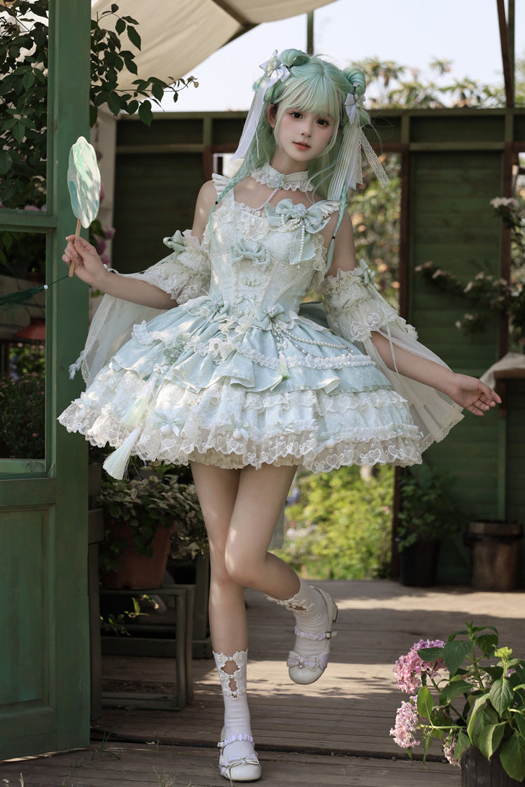 Green [Prelude of Spring Cherry] Square Collar Sleeveless Multi-Layered Jacquard Ruffled Bow Lace Pearl-Decorated Sweet Lolita Jsk Dress - Product - 5
