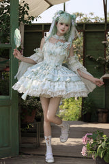 Green [Prelude of Spring Cherry] Square Collar Sleeveless Multi-Layered Jacquard Ruffled Bow Lace Pearl-Decorated Sweet Lolita Jsk Dress - Product - 5