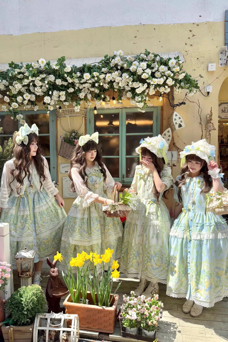 Blue/Green [Lily of the Valley Perfume] Pearl Candy Tea Doll Collar Sleeveless Printed Lace Plus Size Sweet Lolita Jsk Dress - Product - 2