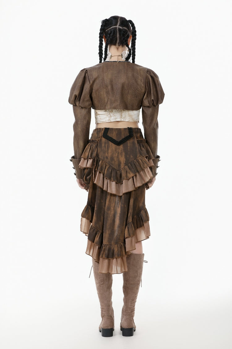 Brown Long Puff Sleeves Zippered Metal-Accented Women's Steampunk Vintage Wrap - Product - 4