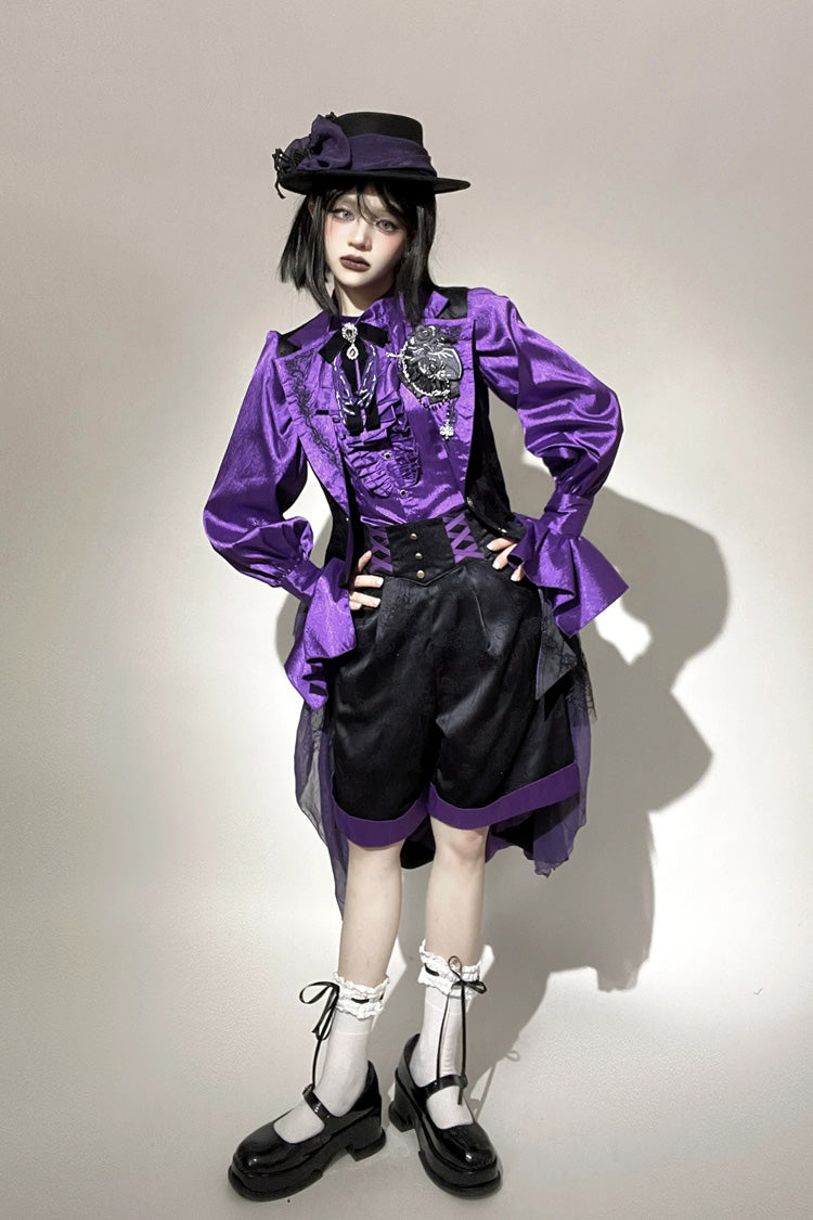 Black/Purple [Moonlit Return] Jacquard Printed Lace-Up Gothic Elegant Ouji Lolita (Blouse/Pants/Shorts/Vest) - Product - 6