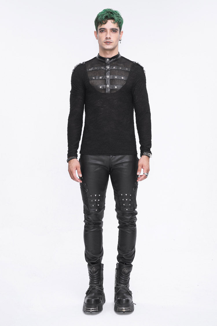 Black Stand Collar Mesh Splice Men's Punk Shirt - Product - 4