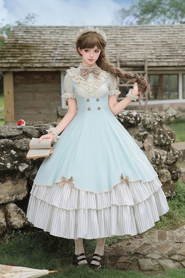 Blue [Sea Salt Snow Cap] Stand Collar Short Sleeves Petal Hem Ruffled Bow Sweet Lolita Dress Set 2 Versions - Product - 15