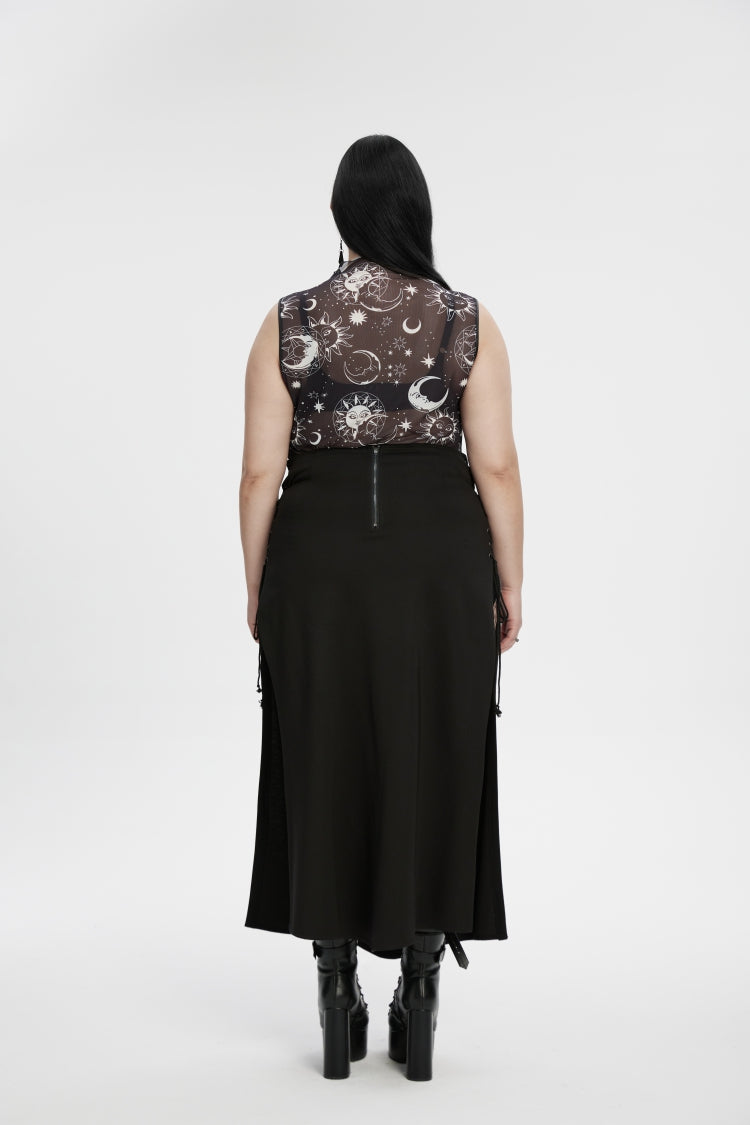 Black Sleeveless Printed Mesh Eyelet Women's Gothic Top - Product - 2
