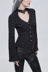 Black Gothic V-Neck Metal Buttons Pendant Lace Jacquard Frenulum Long Sleeves Women's Shirt - Product - 3
