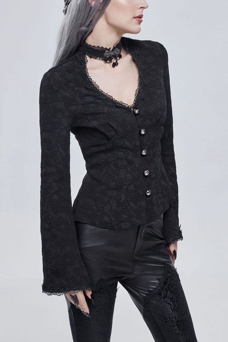 Black Gothic V-Neck Metal Buttons Pendant Lace Jacquard Frenulum Long Sleeves Women's Shirt - Product - 3