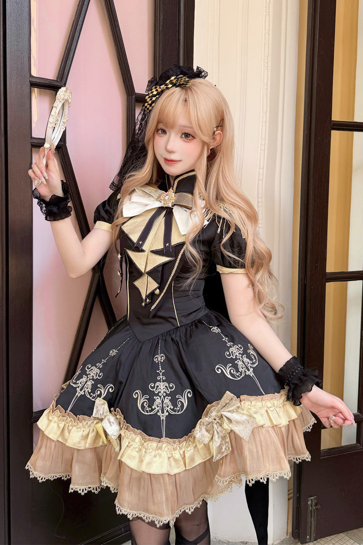 Black [Gilded Oath] Short Sleeves Double-Layered Ruffle Embroidery Bowknot Gothic Lolita Dress - Product - 8