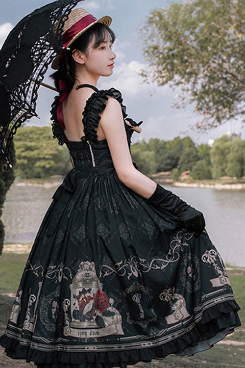 Black Nightingale Rose Print Bowknot Ruffled Strapless Gothic Lolita JSK Dress - Product - 6