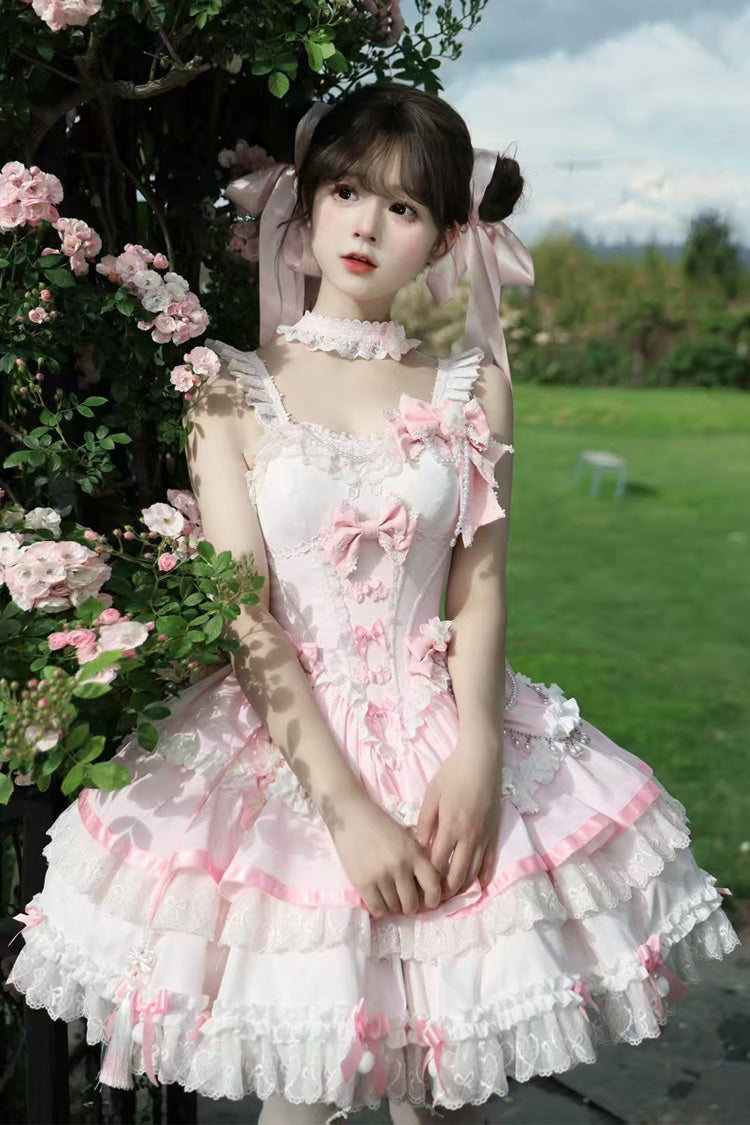 Pink [Prelude of Spring Cherry] Square Collar Sleeveless Multi-Layered Jacquard Ruffled Bow Lace Pearl-Decorated Sweet Lolita Jsk Dress - Product - 7