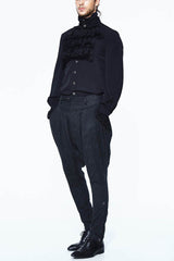 Black Oversize Jacquard Pattern Ribbons Snap Fastener Men's Gothic Pants - Product - 3