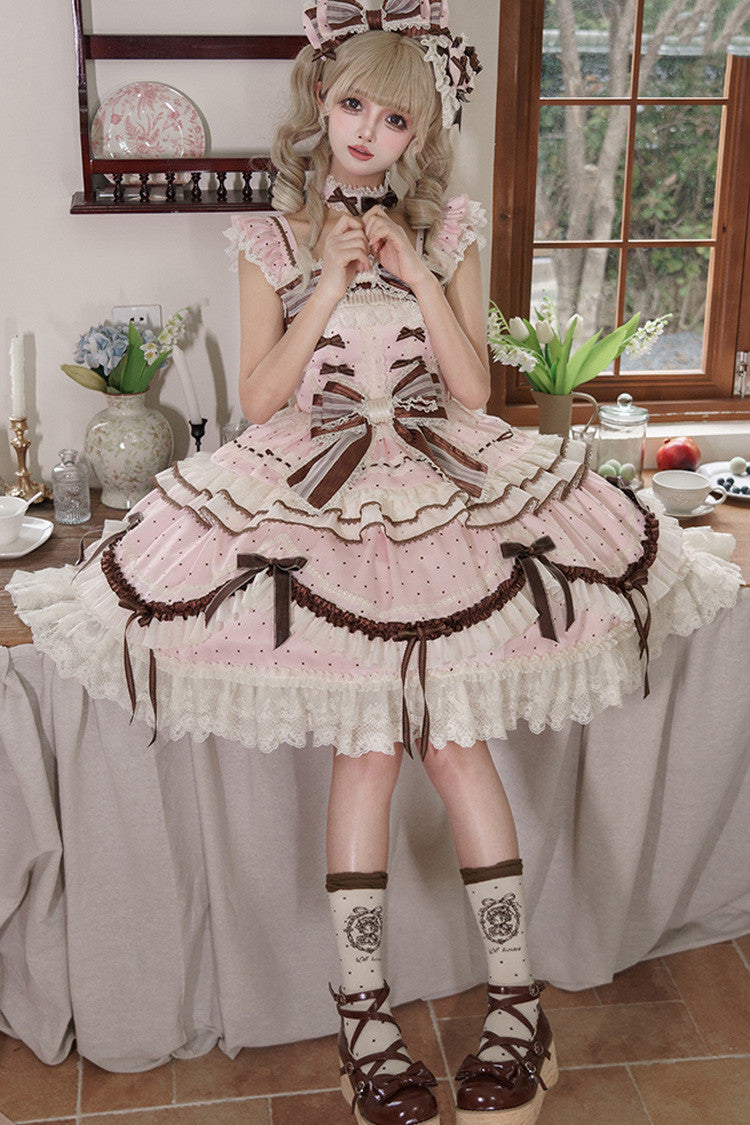 Pink [Shengqiao Tata] Sleeveless Print Ruffle Bowknot Lace-Up Sweet Elegant Lolita Jsk Dress - Product - 19