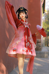 Red Original Strawberry Printed Chinese Embroidered Fake Collar Shawl Sweet Lolita Dress Full Set - Product - 3