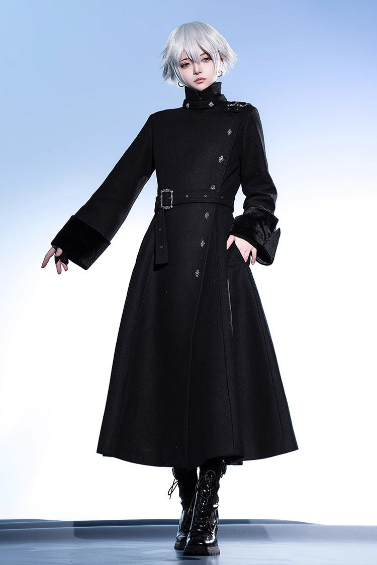 Black Stand Collar Long Sleeves Buckle Ouji Gothic Prince Handsome Lolita Coat - Black - 1