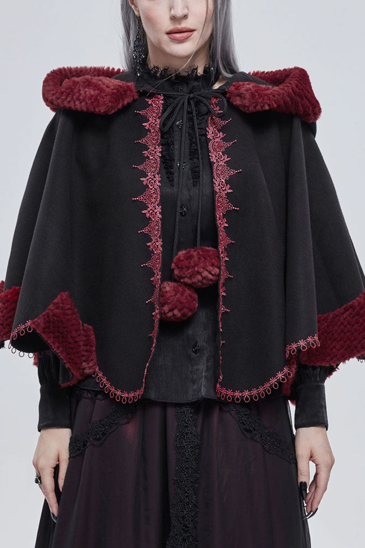 Black Gothic Petal-Shaped Double-Faced Contrast Women's Wool Hooded Shawl - Black - 1