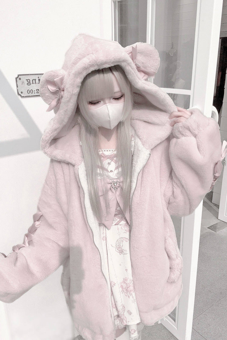 [Sleepy Bear Fluffy] Bear Ears Long Sleeves Bow Lace-Up Hooded Zippered Sweet Jirai Kei Japanese Coat - Product - 6
