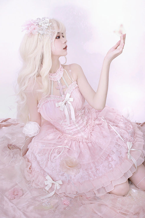 Pink Tube Top Sleeveless Blowknot Ruffled Sweet Lolita Tiered Dress - Product - 6