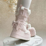 Pink Cute Platform Thick-Soled Bowknot Lace-Up Sweet Lolita Plush Boots - Product - 6