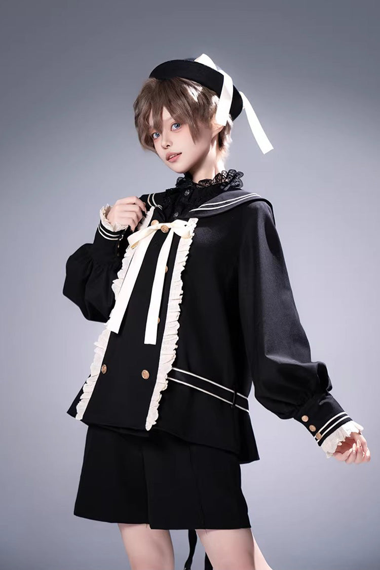 Black [City of Mist] Navy Collar Long Sleeves Gothic College Style Prince Ouji Lolita Shorts Coat Set - Product - 4