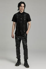 Black Lapel Collar Short Sleeves Stitching Men's Punk Blouse - Product - 4
