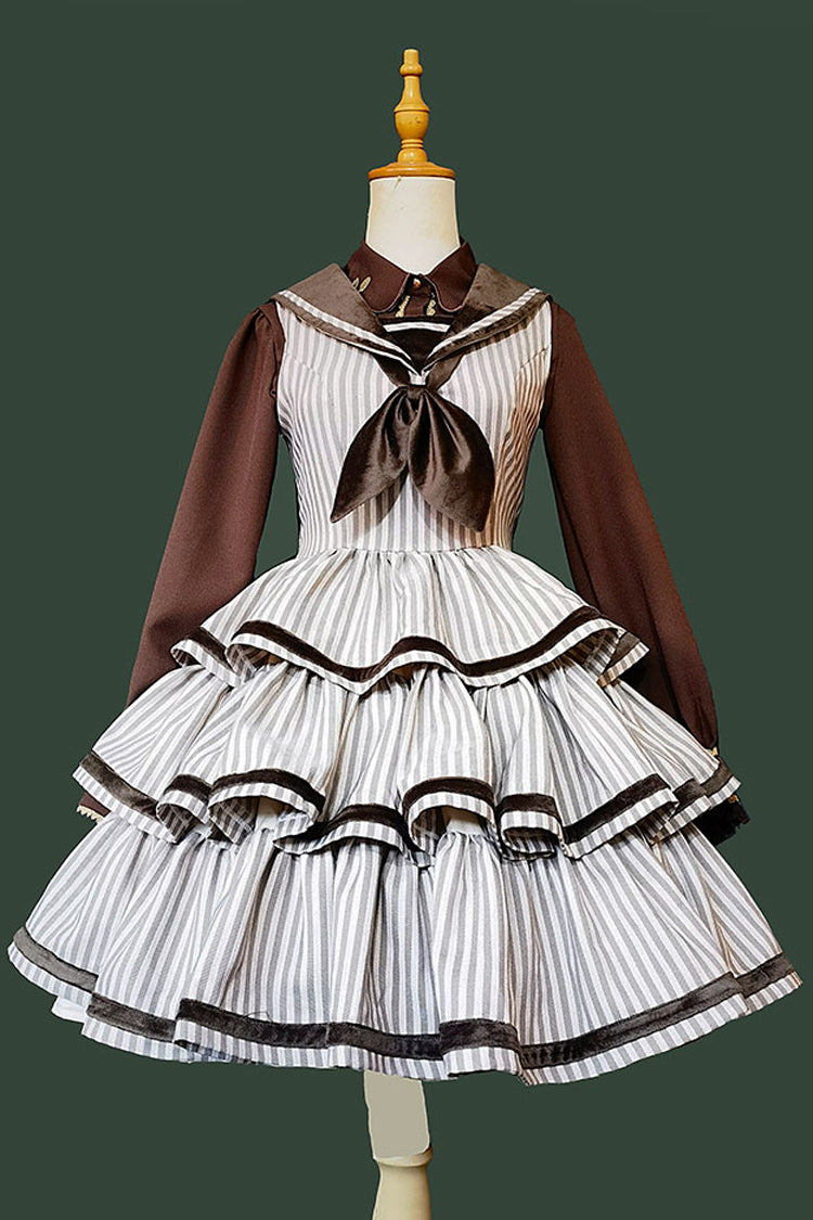[From Afar] Sleeveless Triple-Layered Stripe Print Bowknot Sweet College Style Lolita Dress 2 Colors - Product - 13