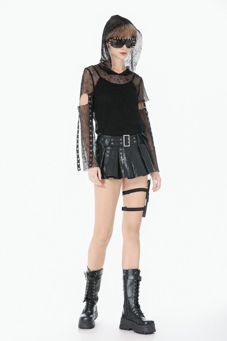 Black Low Waisted Eyelet Women's Punk Shorts with Asymmetric Pleated Belt - Product - 8