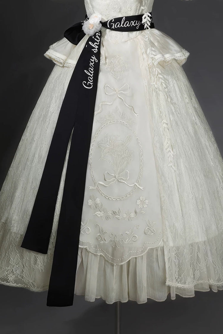 White [Glass Flower House] Halterneck Ruffled Embroidered Bow Classic Lolita Jsk Dress - Product - 5