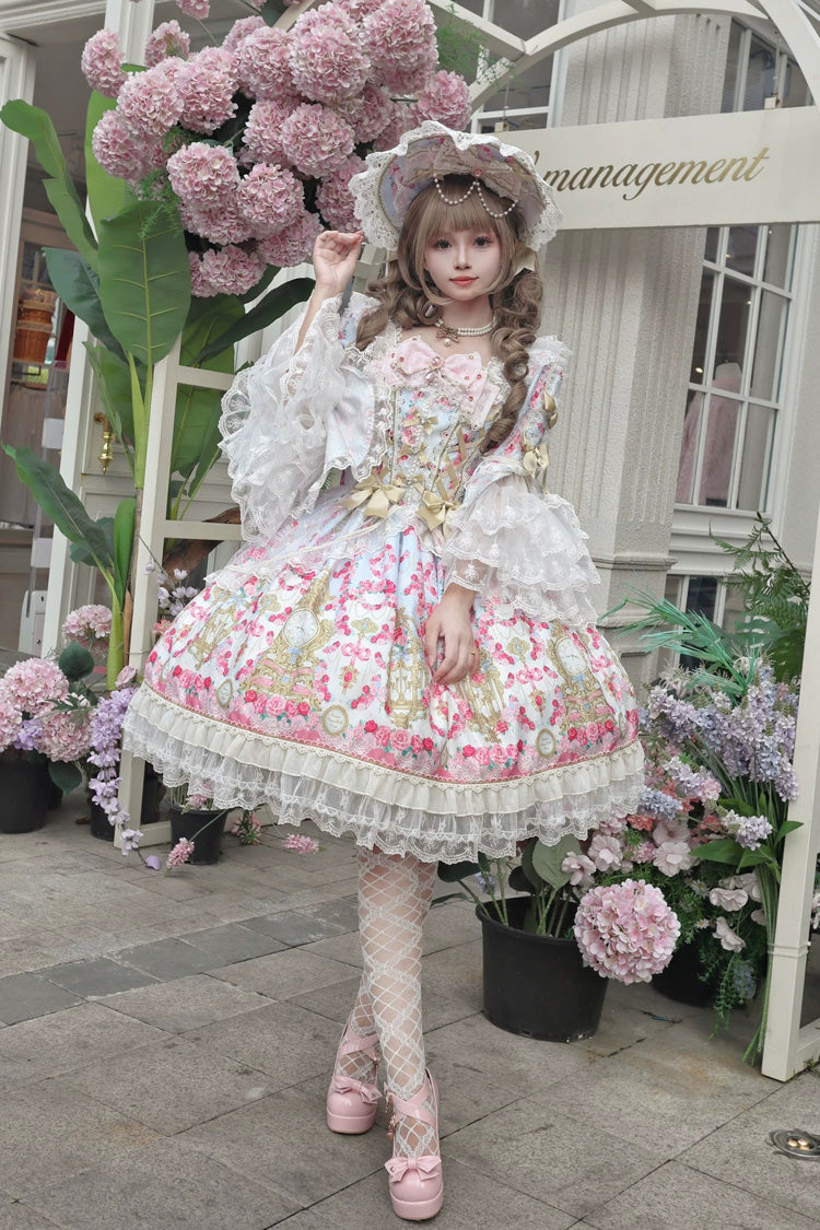 Blue/Pink [Rose Garden Prelude] Square Collar Long Trumpet Sleeves Printed Ruffled Bow Lace Lace-Up Sweet Lolita Dress - Product - 8