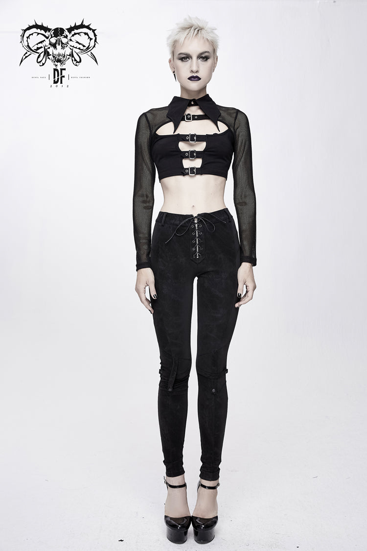 Black Bat Collar Splice Mesh Long Sleeve Chest Hasp Short Women's Punk T-Shirt - Product - 3