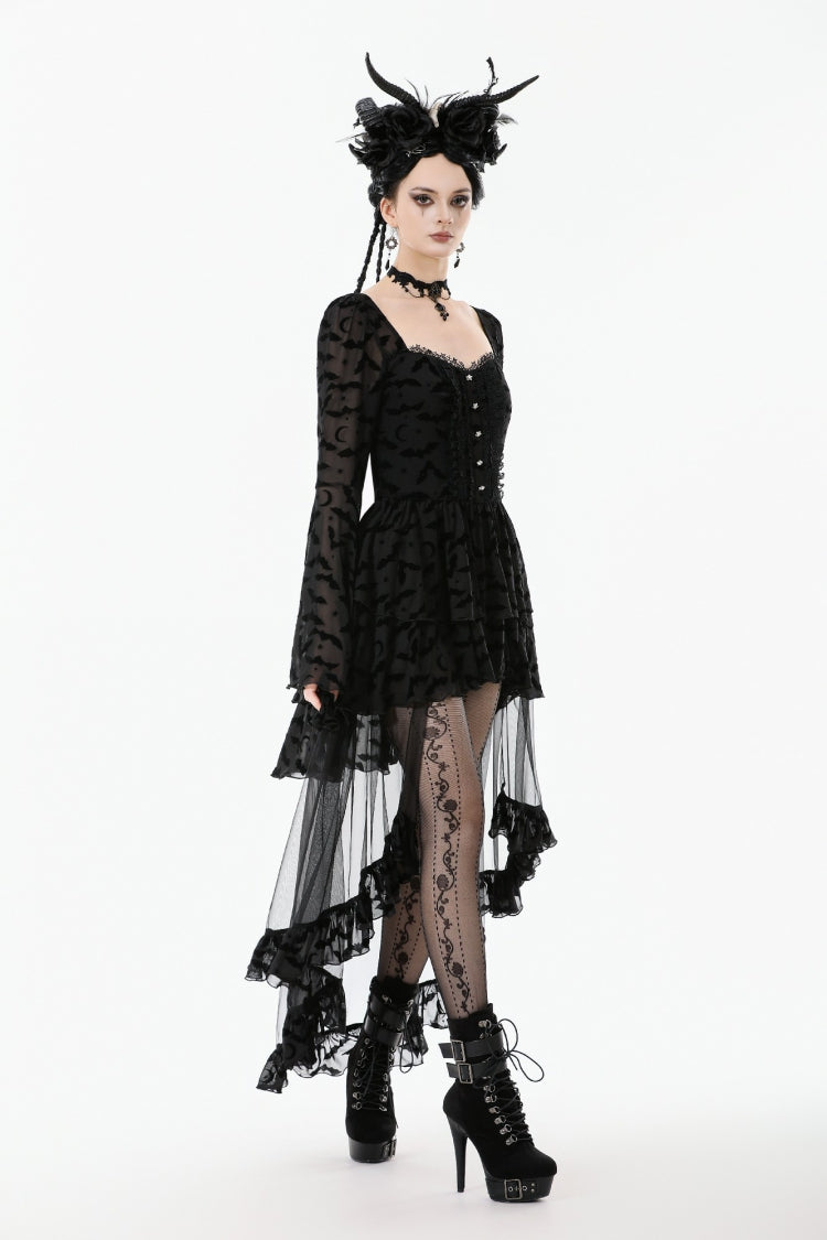 Black Square Collar Long Trumpet Sleeves Bat Printed Lace Irregular Hem Women's Gothic Dress - Product - 4