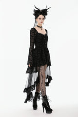 Black Square Collar Long Trumpet Sleeves Bat Printed Lace Irregular Hem Women's Gothic Dress - Product - 4