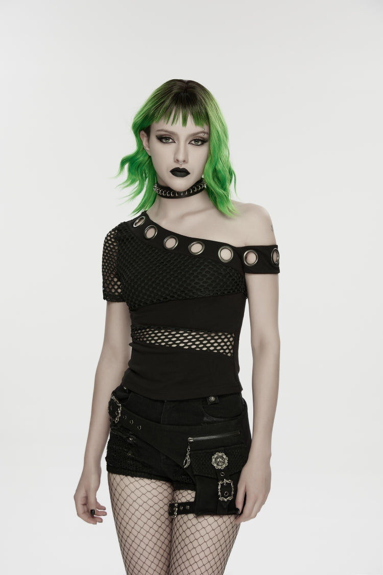 Black Off Shoulder Short Sleeves Slim Mesh Asymmetric Eyelet Women's Punk Cool Blouse - Black - 1