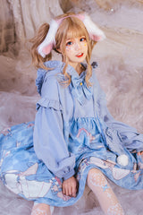 Blue Lantern Long Sleeves Alice Rabbit Print Hooded Cute Sweet Lolita OP Dress - Product - 2
