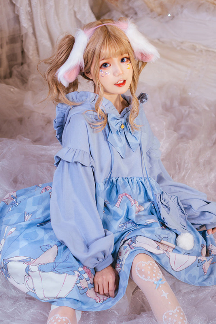 Blue Lantern Long Sleeves Alice Rabbit Print Hooded Cute Sweet Lolita OP Dress - Product - 2