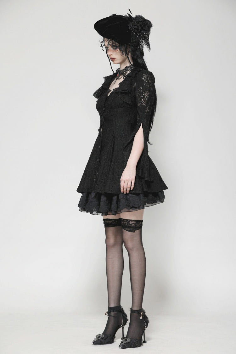 Black Long Trumpet Sleeves Embroidered Lace Lace-Up Women's Gothic Honeymoon Dress - Product - 6