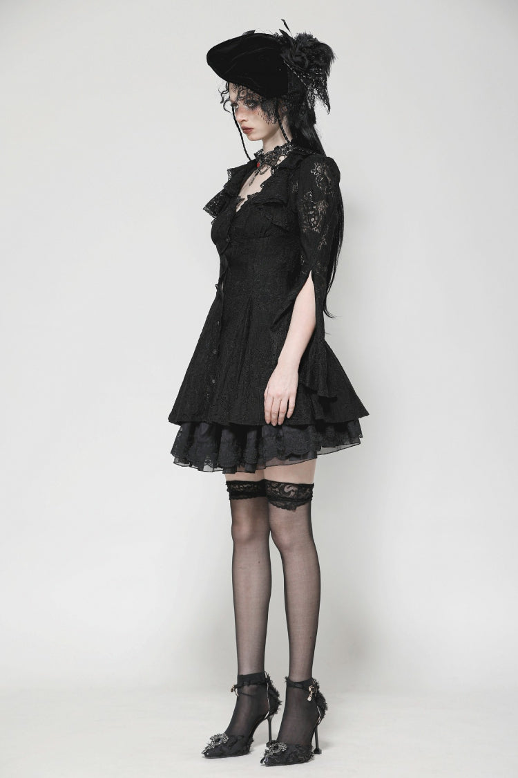 Black Long Trumpet Sleeves Embroidered Lace Lace-Up Women's Gothic Honeymoon Dress - Product - 6