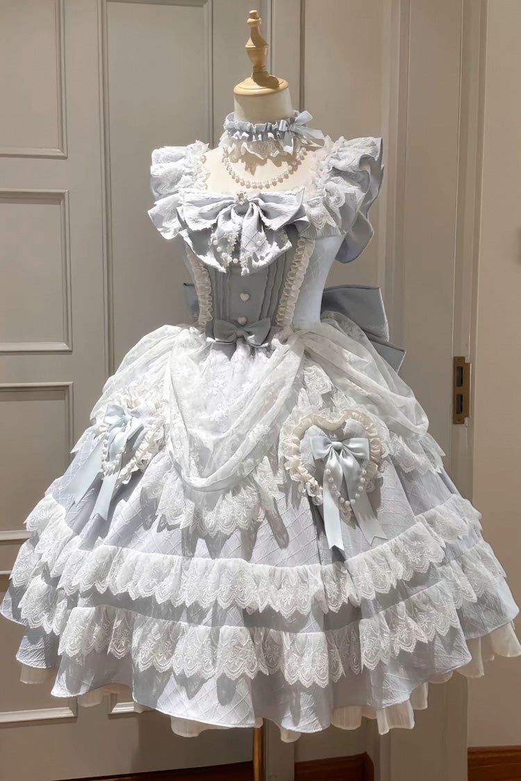 Blue [Fairy Tale Advent] Multi-Layered Ruffle Bowknot Lace Sweet Princess Gorgeous Lolita Tiered Dress - Blue - 1
