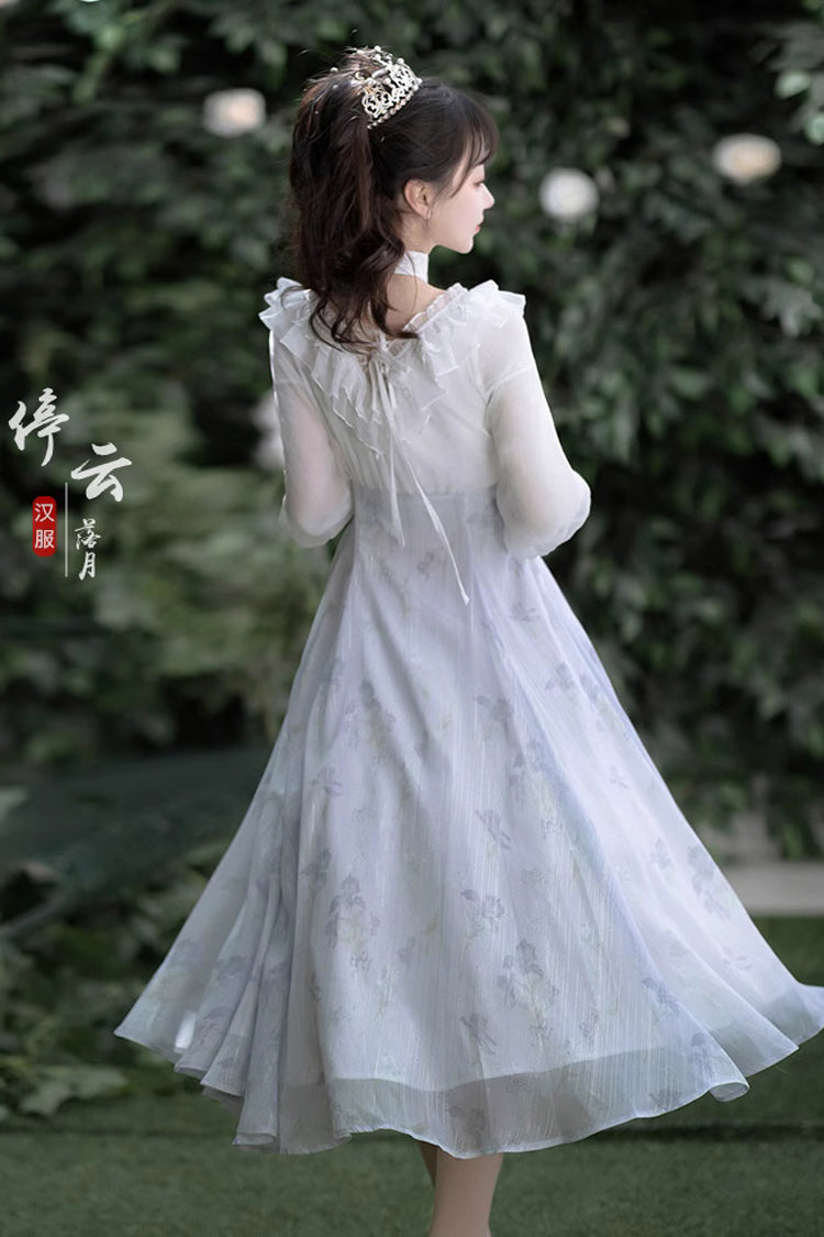 White/Blue Lace V Collar Half Sleeves High Waisted Sweet Lolita OP Dress - Product - 5