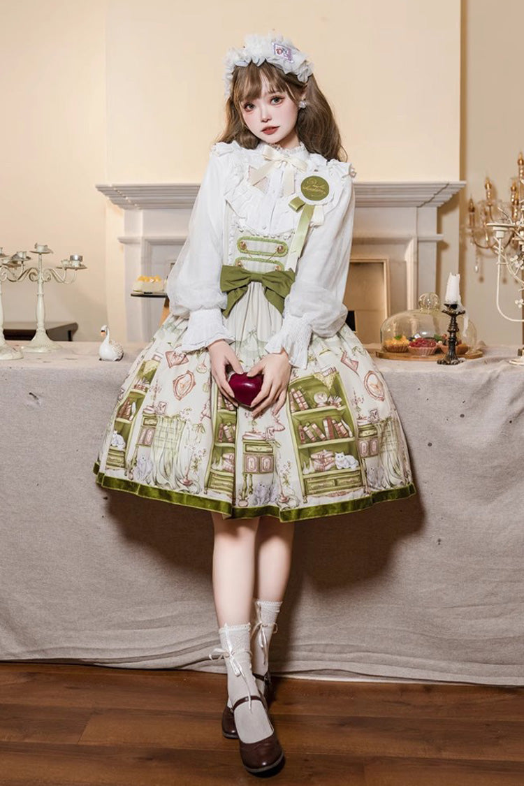 Green Ai Luo Book House Print Chest Support Bowknot Sweet Lolita Jsk Dress - Product - 6