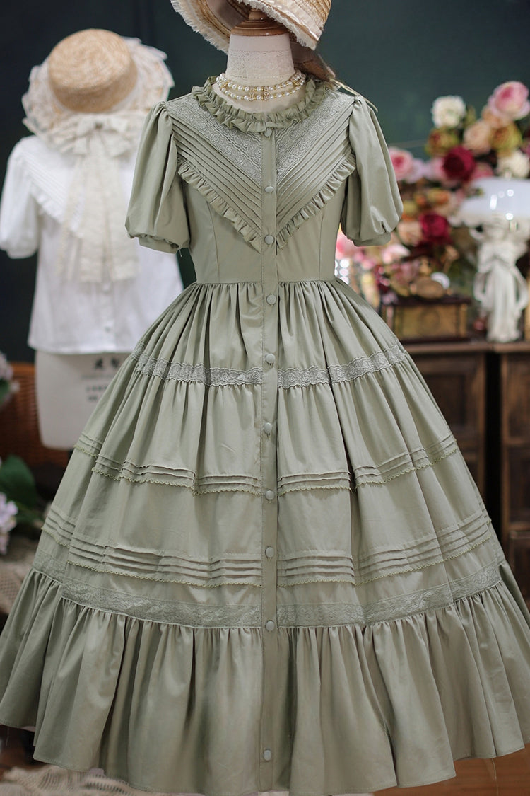 Elegant Cardigan Round Neck Short Sleeves Ruffle One Piece Sweet Lolita Dress 8 Colors - Dark Green - 5