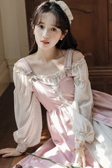 Pink/Apricot Square Collar Long Sleeves Ruffled Embroidered Lace-Up Sweet Lolita Two-Piece Dress Set - Product - 12