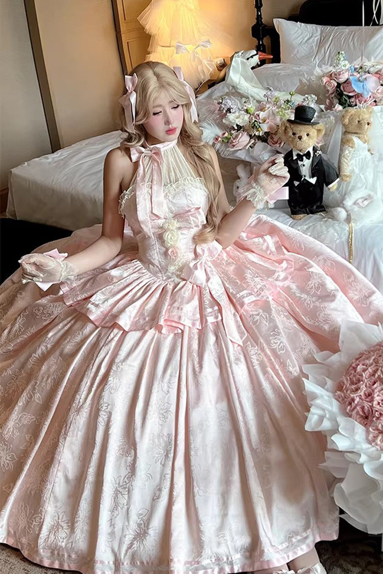 Pink [Softly Into Dreams] Halterneck Sleeveless Double-Layered Printed Ruffled Bow Lace Sweet Elegant Princess Gorgeous Lolita Jsk Long Dress - Product - 7