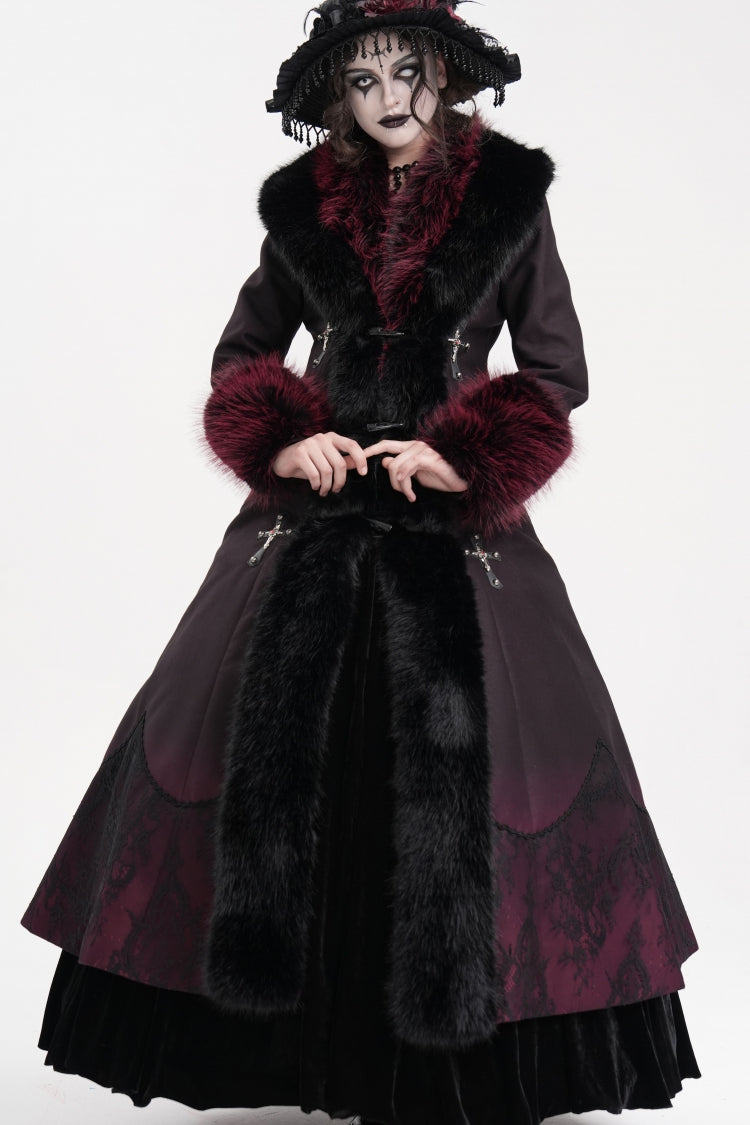 Black/Red Cross Long Sleeves Lace Women's Gothic Long Coat - Product - 11