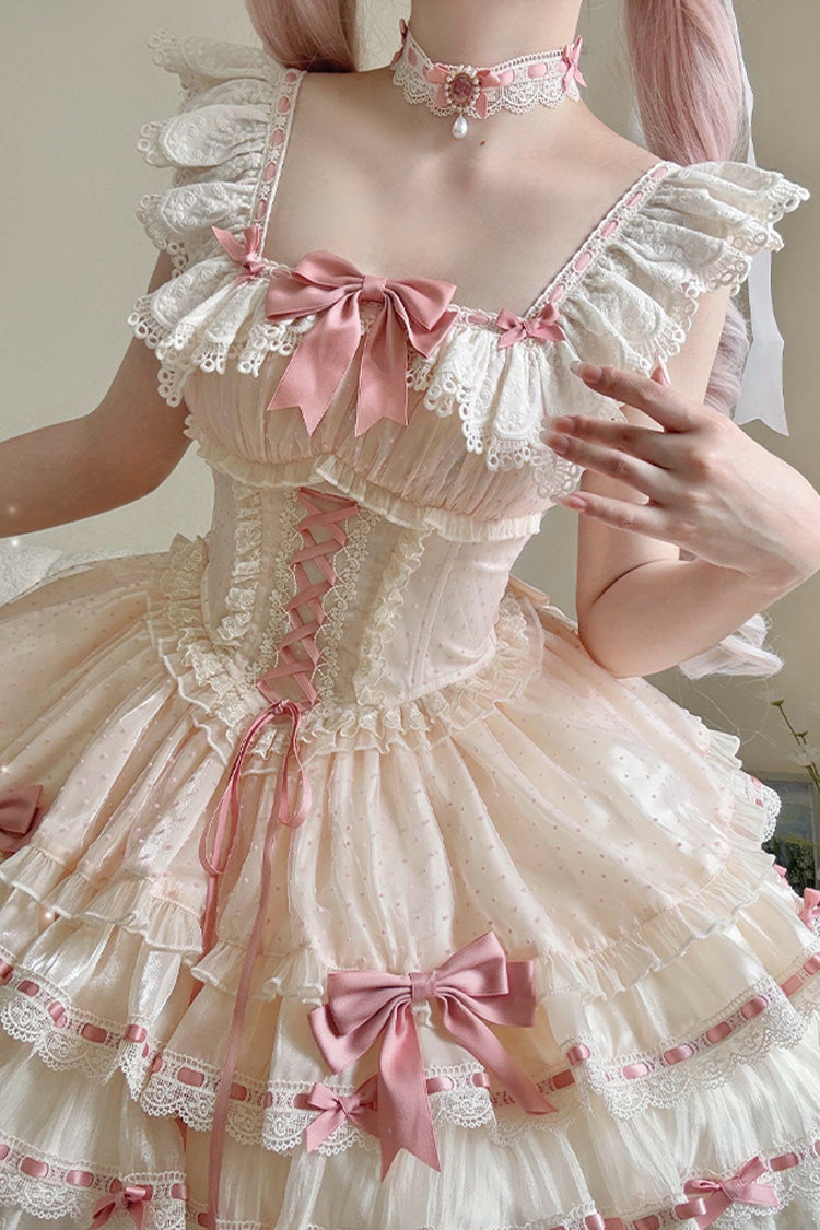 Apricot [Flory Butterfly] Double-Layered Ruffle Bowknot Lace Lace-Up Sweet Ballet Lolita Jsk Dress - Product - 3