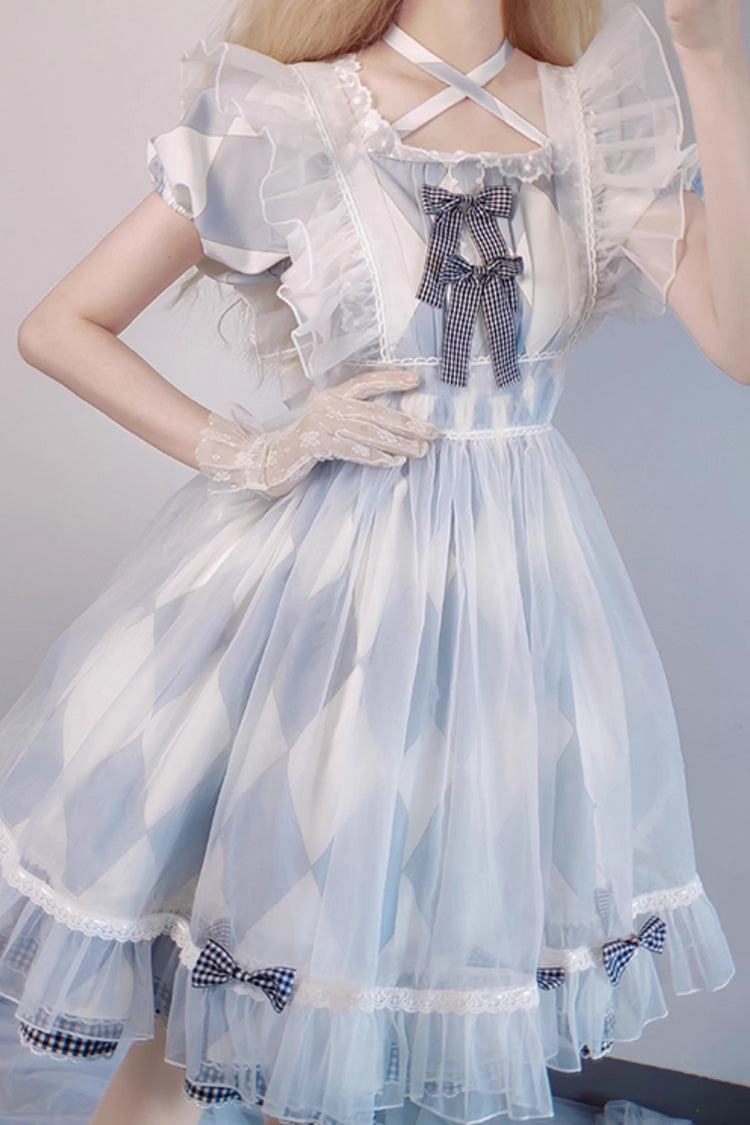 White/Blue Short Sleeves Diamond Plaid Print Bowknot Alice Sweet Lolita Dress - Product - 3