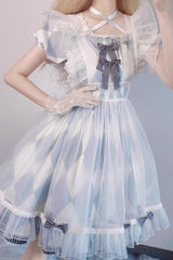 White/Blue Short Sleeves Diamond Plaid Print Bowknot Alice Sweet Lolita Dress - Product - 3