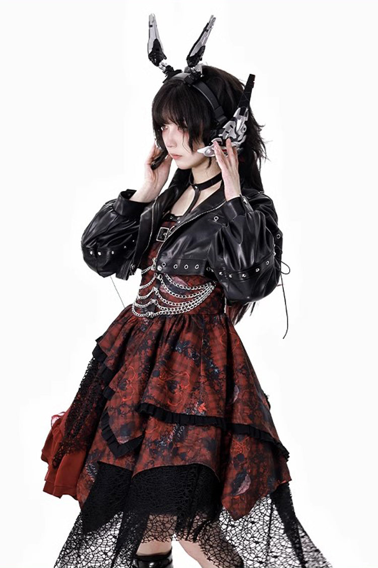 Red [Strawberries of Blood and Tears] Sleeveless Print Ruffle Bowknot Lace Asymmetric Gothic Lolita Jsk Dress - Product - 13