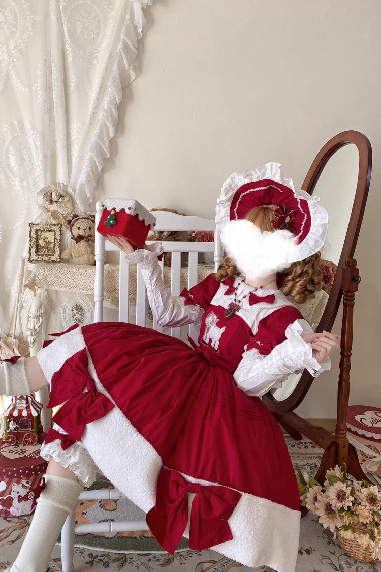 Red [Shepherd Girl’s Poem] Doll Collar Short Sleeves Ruffled Bow Sweet Lolita Dress - Product - 14