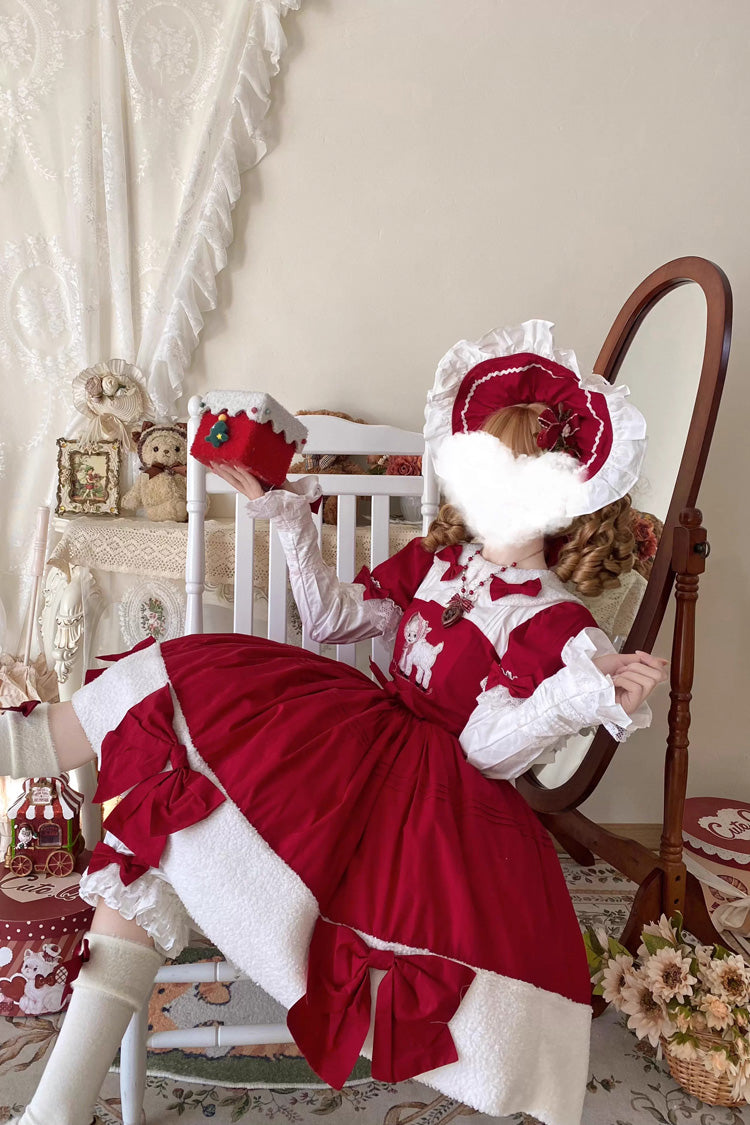 Red [Shepherd Girl’s Poem] Doll Collar Short Sleeves Ruffled Bow Sweet Lolita Dress - Product - 14