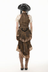 Brown Point Lapel Collar Sleeveless Women's Steampunk Utility Vest with Cargo Pockets - Product - 4
